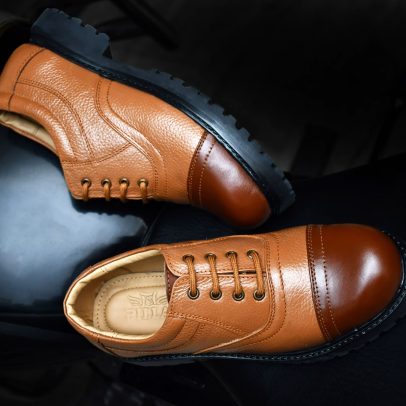 Pillaa Tan Premium Quality Genuine Leather Formal Oxford Police Shoes with Steel Toe For Men