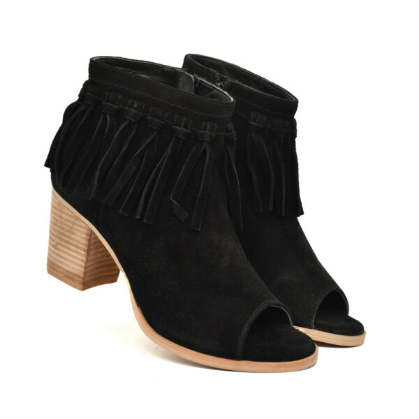 Women’s Black Suede Fringe Peep-Toe Boots