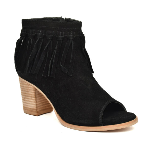 Women’s Black Suede Fringe Peep-Toe Boots