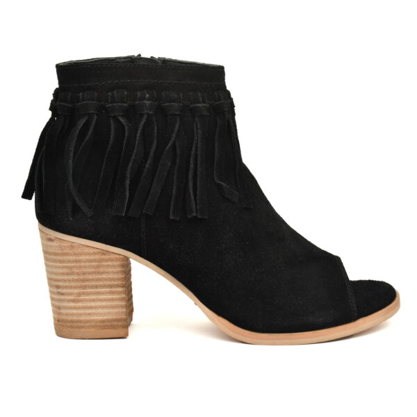 Women’s Black Suede Fringe Peep-Toe Boots
