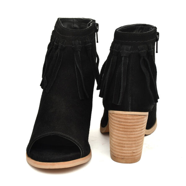Women’s Black Suede Fringe Peep-Toe Boots