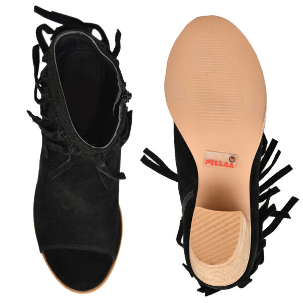 Women’s Black Suede Fringe Peep-Toe Boots