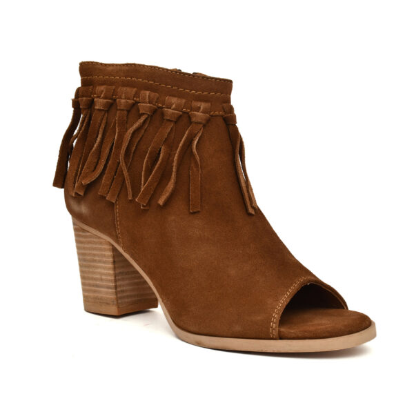 Women’s Tan Suede Fringe Peep-Toe Boots