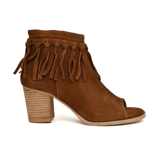 Women’s Tan Suede Fringe Peep-Toe Boots