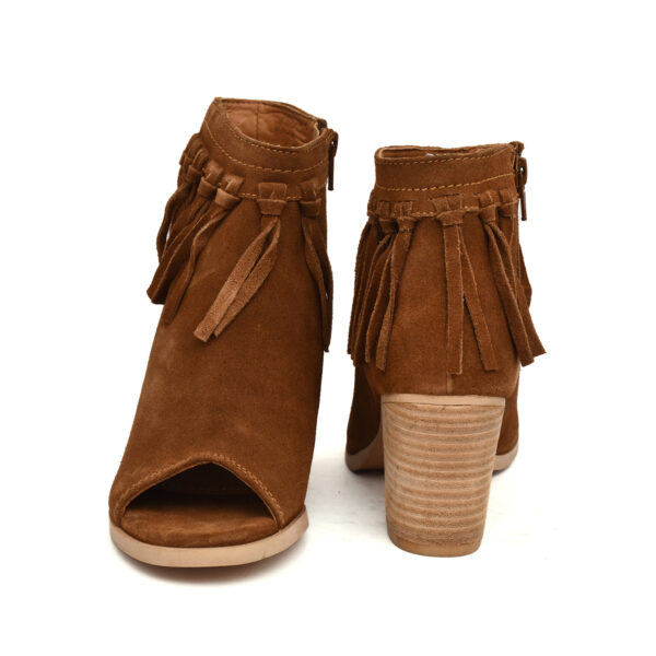 Women’s Tan Suede Fringe Peep-Toe Boots
