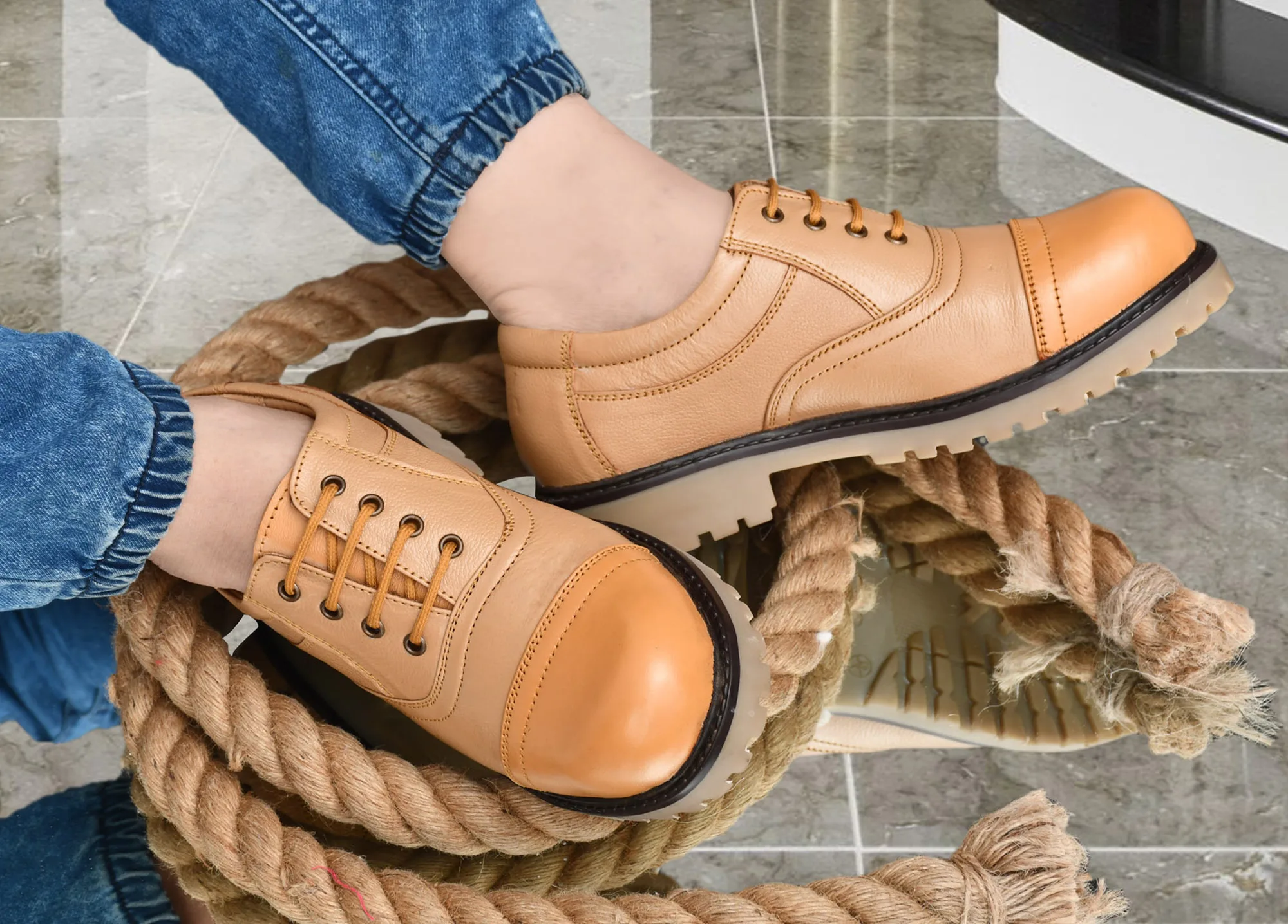 Men's Beige Leather Formal Lace-Up Shoes - Image 5