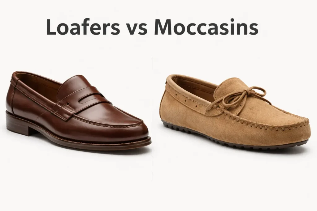 Loafers vs moccasins comparison showing differences in sole, stitching, and structure