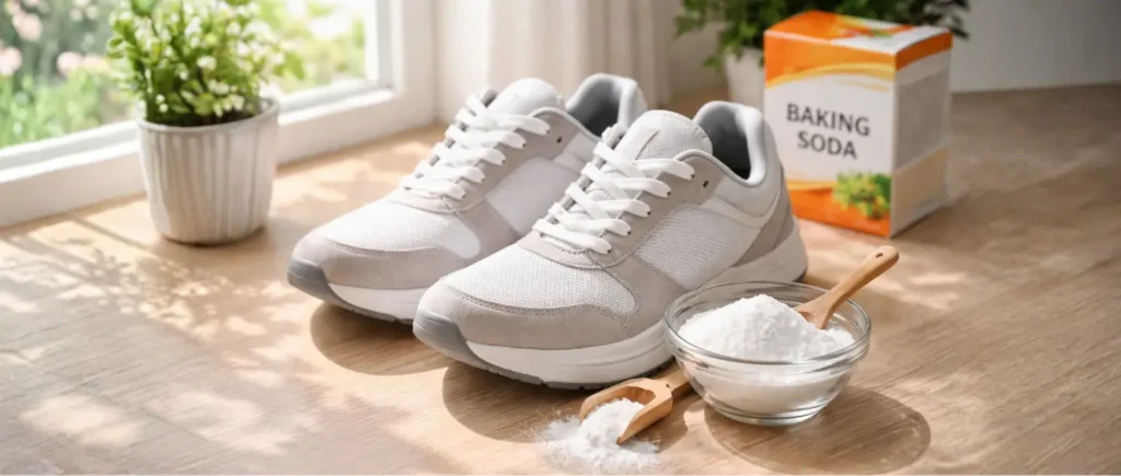 Clean fresh sneakers placed in sunlight with baking soda used to remove shoe odor permanently.