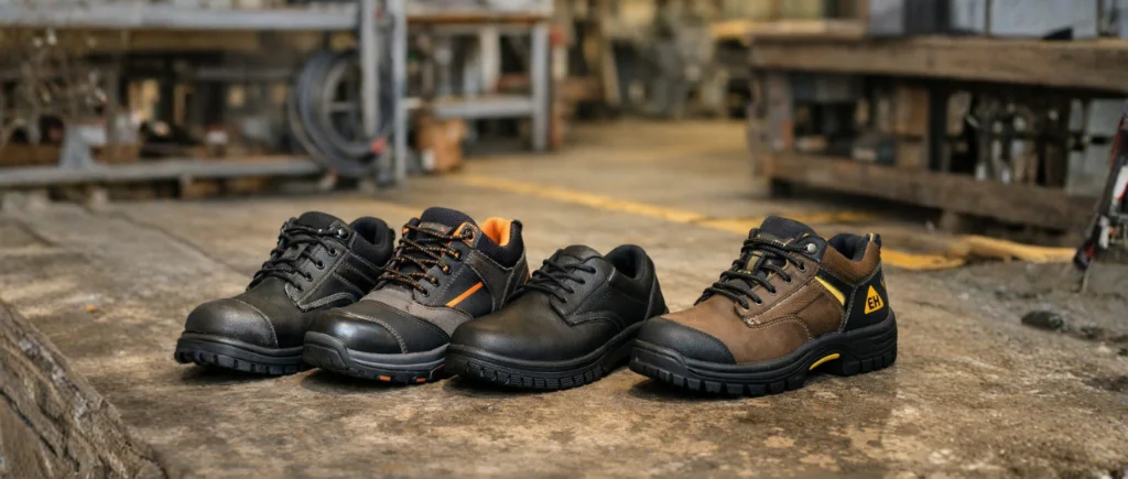 Different types of safety shoes including steel toe, composite toe, and slip-resistant footwear